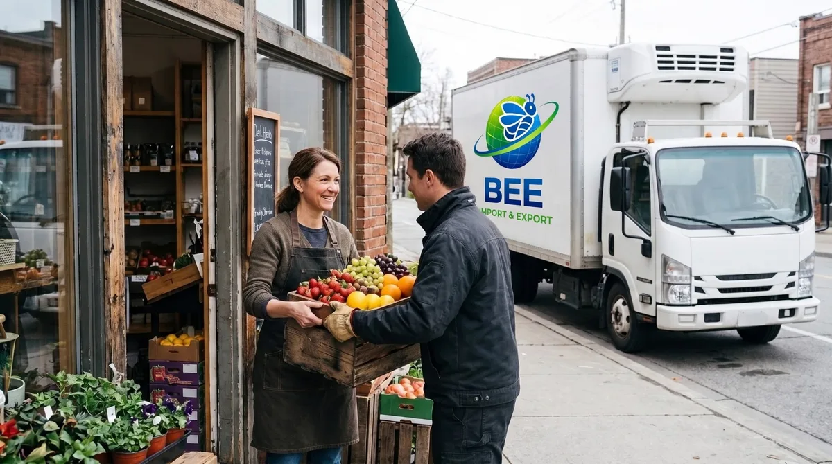 Entregador da BEE a entregar uma caixa de frutas frescas à porta de uma mercearia, com o caminhão BEE ao fundo