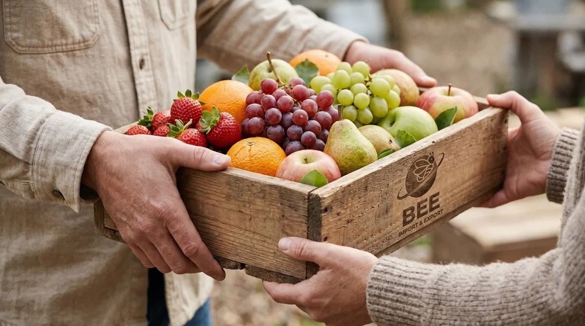 Mãos a passar uma caixa de madeira com frutas frescas variadas, com o logótipo BEE gravado na caixa