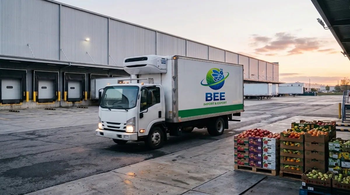 Caminhão BEE com o logótipo na lateral junto ao armazém ao amanhecer, com paletes de fruta prontas a carregar
