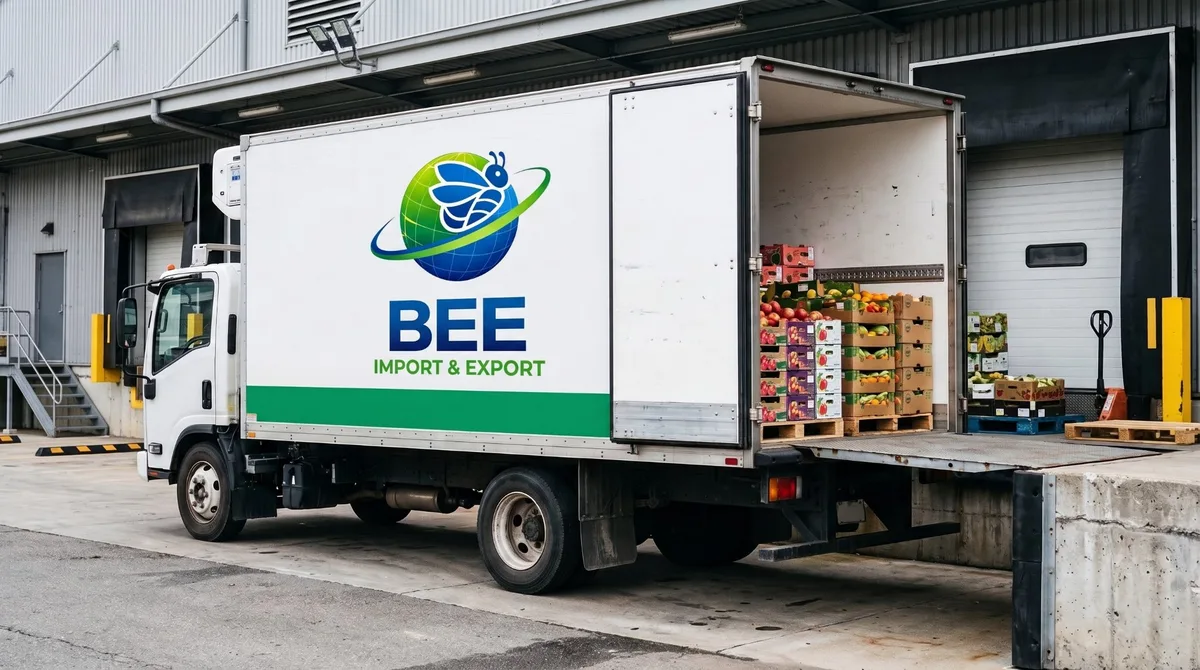 Caminhão BEE no cais de carga com a traseira aberta cheia de caixas de fruta e o logótipo na lateral